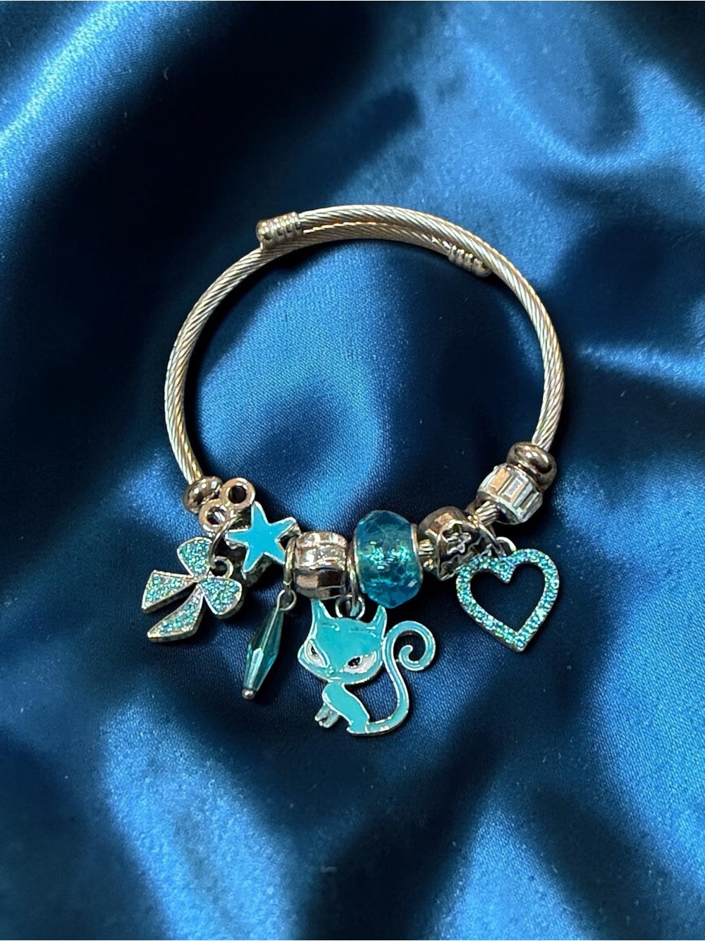 Turquoise Cat Charm Twisted Bangle with Heart & Star Charms